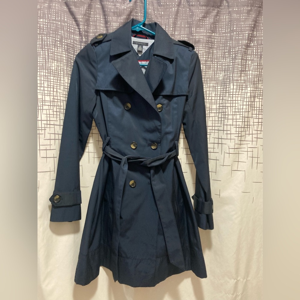 Dark Navy Trench Coat with Belt - Classic Double-Breasted Style